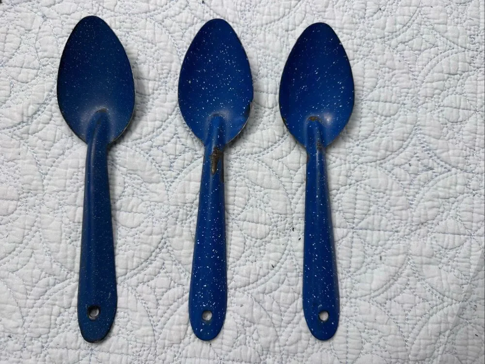 Vintage Blue and White Speckled Enamelware/Graniteware Spoons - Set of 9